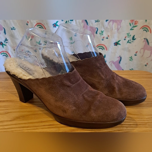 Ugg Brown Suede Sherpa Lined Boho Casual Neutral Slide Mule Clog Shoe SZ 8.5 - Picture 3 of 9